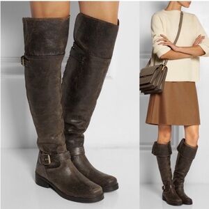 Tory Burch Distressed Dark Brown Leather Over-the-Knee Buckled Boots